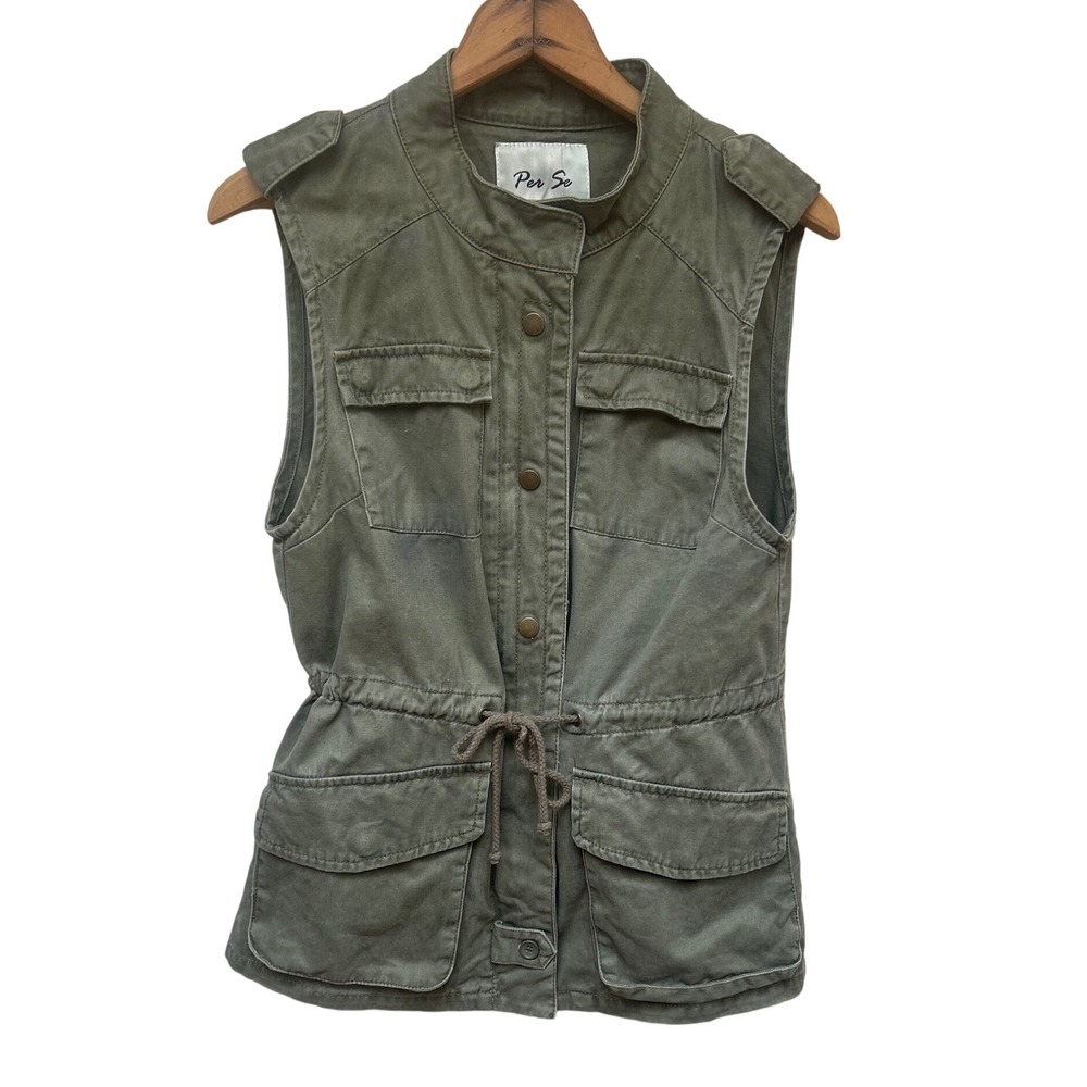 Per Se Olive Green Utility Vest Drawstring Waist‎ Cargo Pockets Women S